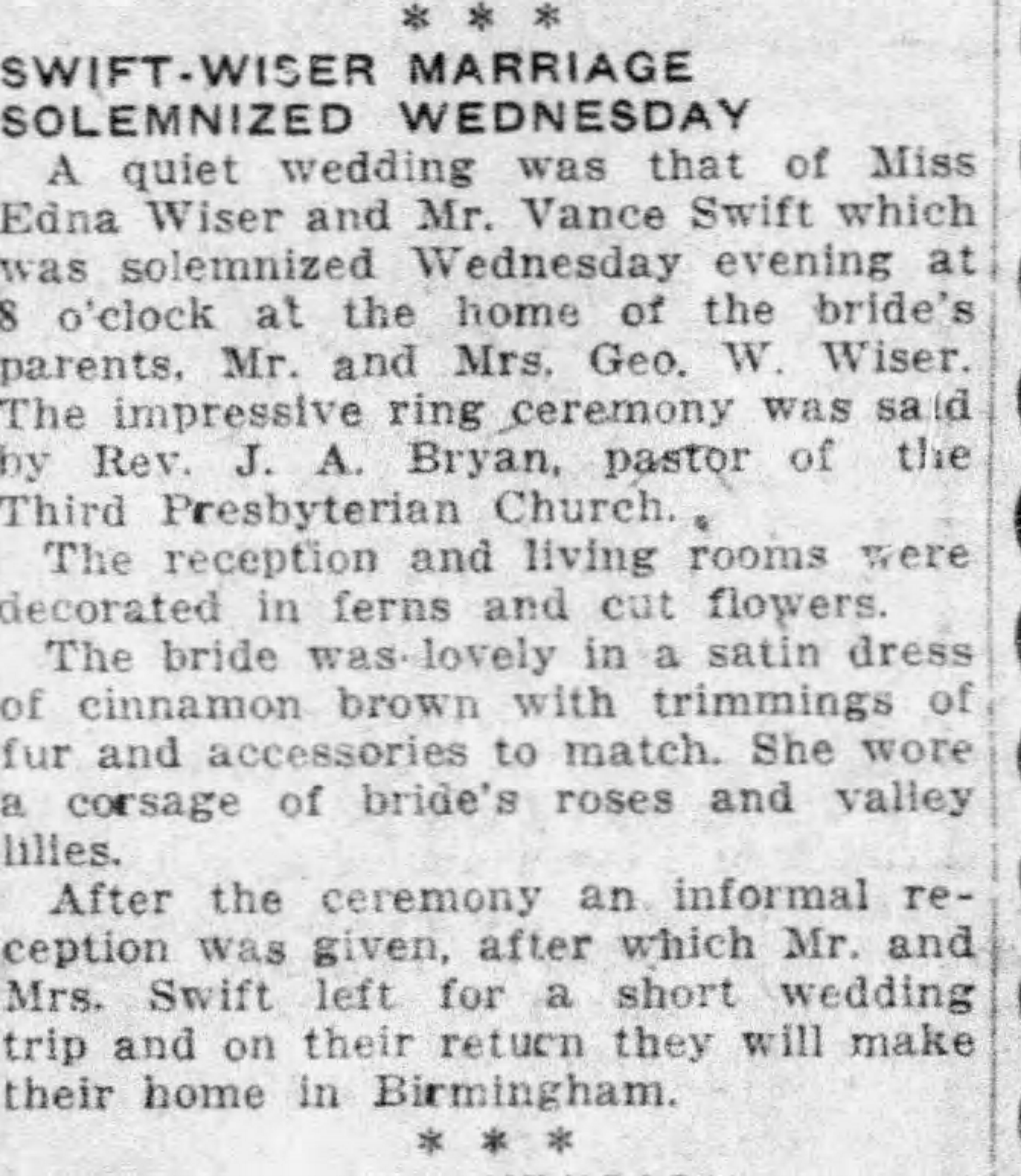 Swift-Wiser Marriage Solemnized Wednesday